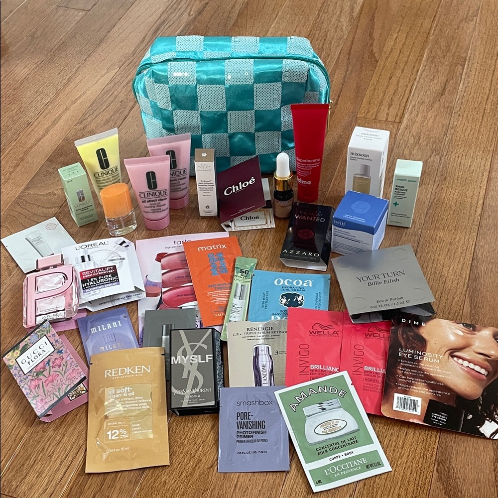 32 piece beauty bundle with teal checkered cosmetic bag